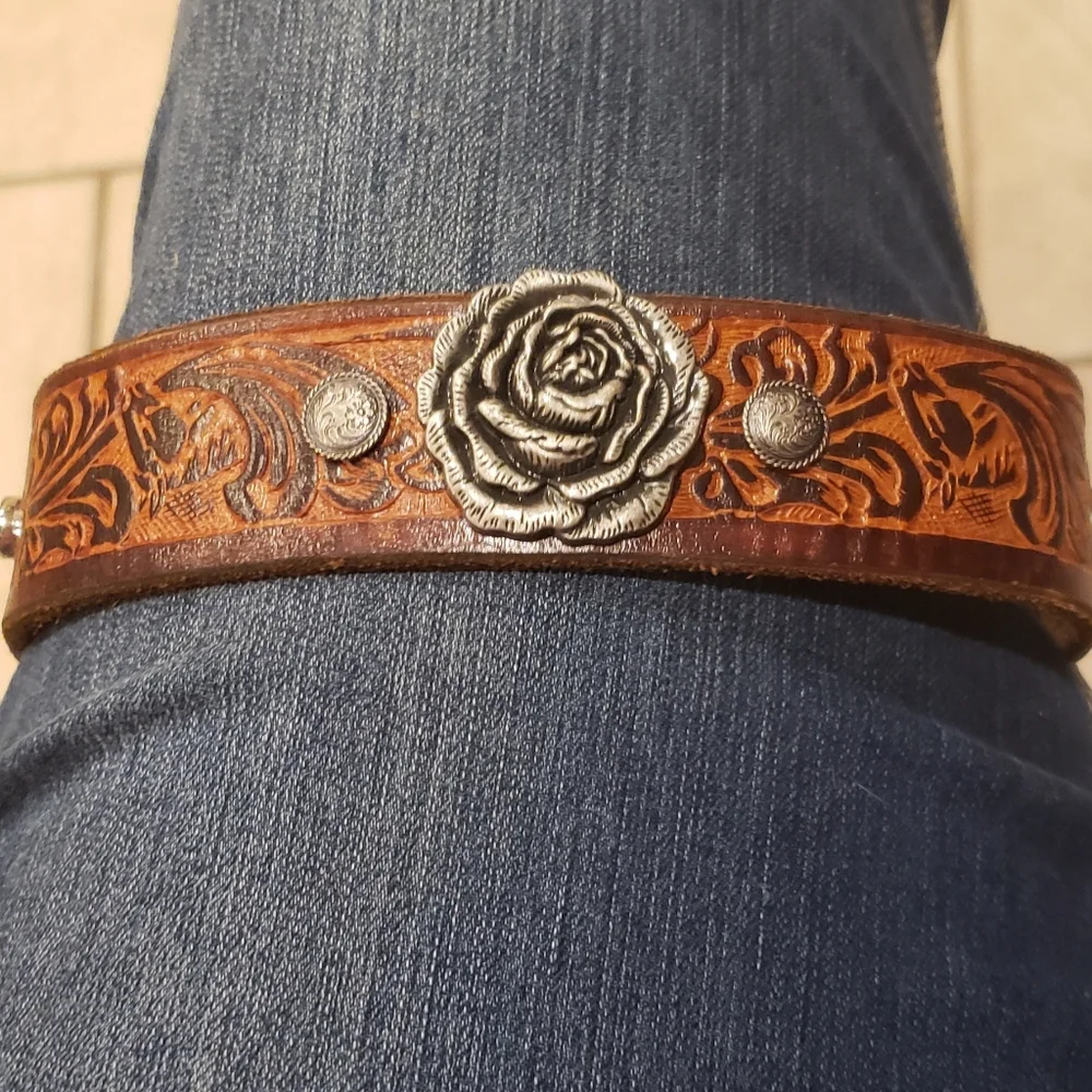 Brown Leather Bracelet Silver Conchos Rose Accent Southwestern Boho Artsy